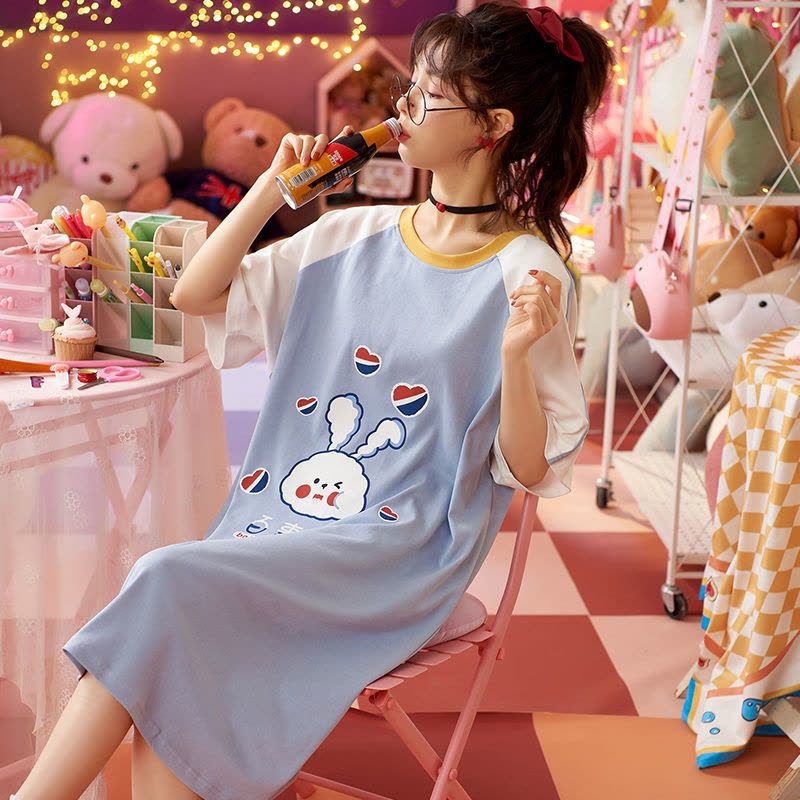 女士睡衣裙夏季薄款裸感睡裙子长款宽松大码外出夏天图片