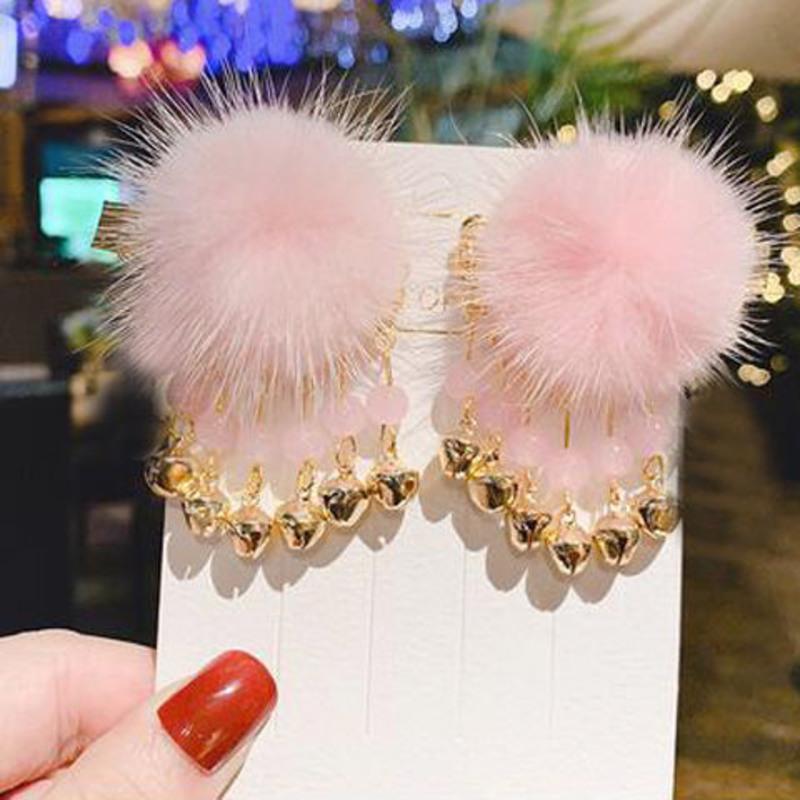 百搭女童古风发饰发夹可爱铃铛毛球发夹女孩发卡儿童汉服对夹水貂毛球