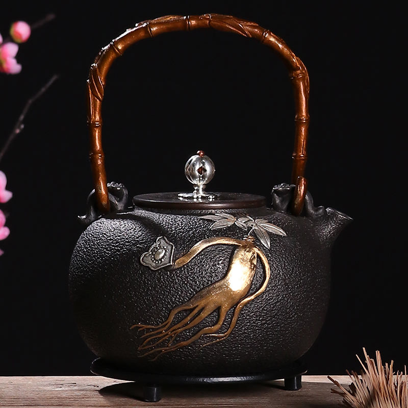 Atelier Tete 铁壶手工日本铁壶套装 南部铁器老铁壶煮水茶壶鎏金无涂层 鎏金浮雕人生如意铁壶