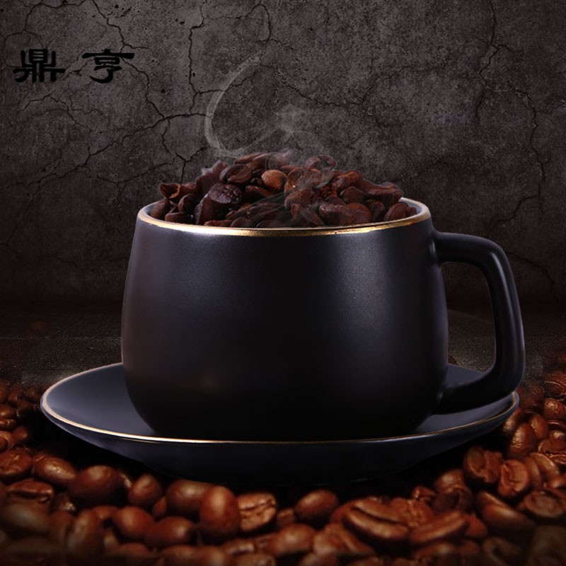 鼎亨欧式描金陶瓷马克杯创意复古简约咖啡杯子带碟勺盖茶杯水杯礼