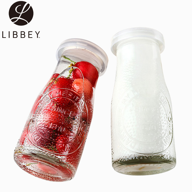 Libbey利比 玻璃瓶牛奶瓶奶昔瓶布丁瓶创意复古带盖果汁瓶杯子222ml 两支装