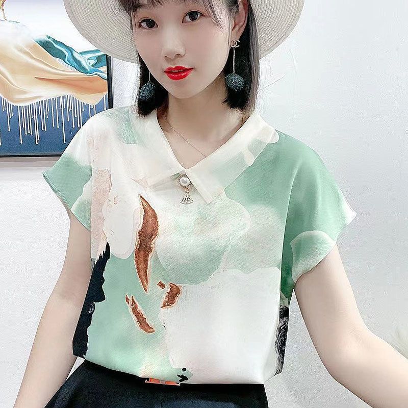 衬衫女2021夏季新款时尚印花上衣气质娃娃领洋气雪纺衫宽松T恤潮 绿色水墨画 好面料 XXS 成人40斤内