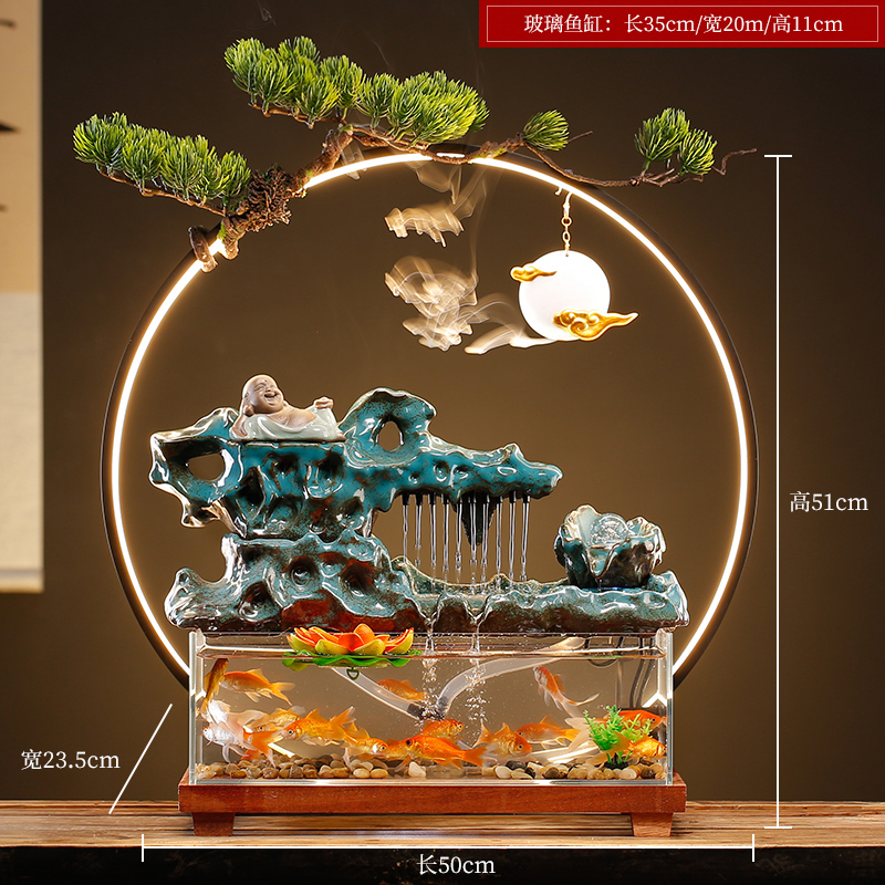 创意招财循环流水生财玻璃金鱼缸摆件办公室桌面客厅乔迁开业礼品