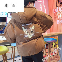 潮至潮至冬季棉衣男女韩版短款棉服面包服学生青少年棉袄子加厚外套男装潮流植物印花连帽带帽棉衣服情侣装