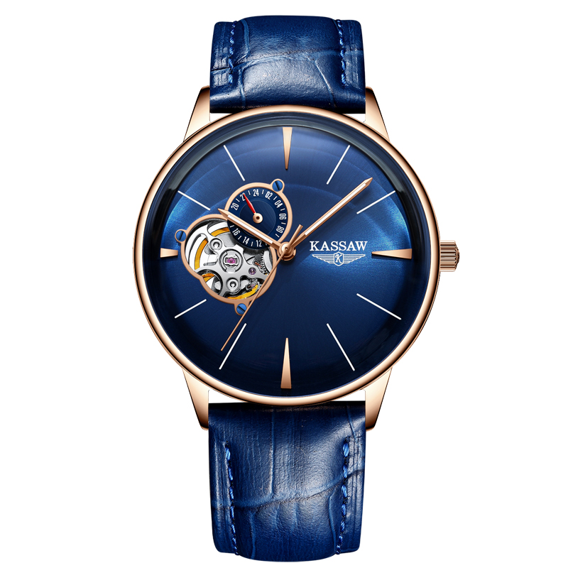 卡梭(KASSAW)手表男时尚自动机械表镂空曲面防水男表商务休闲男手表K873G 玫瑰金蓝面皮带