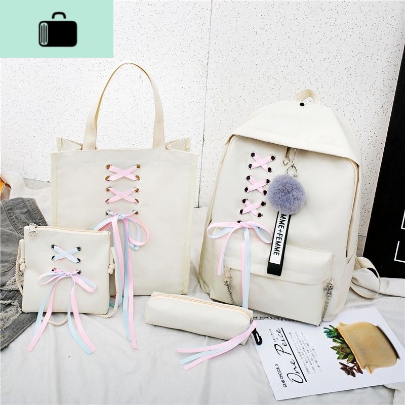 书包女学生韩版初中网红学院风高中古着感双肩包少女心小学生背包NEW LAKE 米白大款链子4个包+大毛球