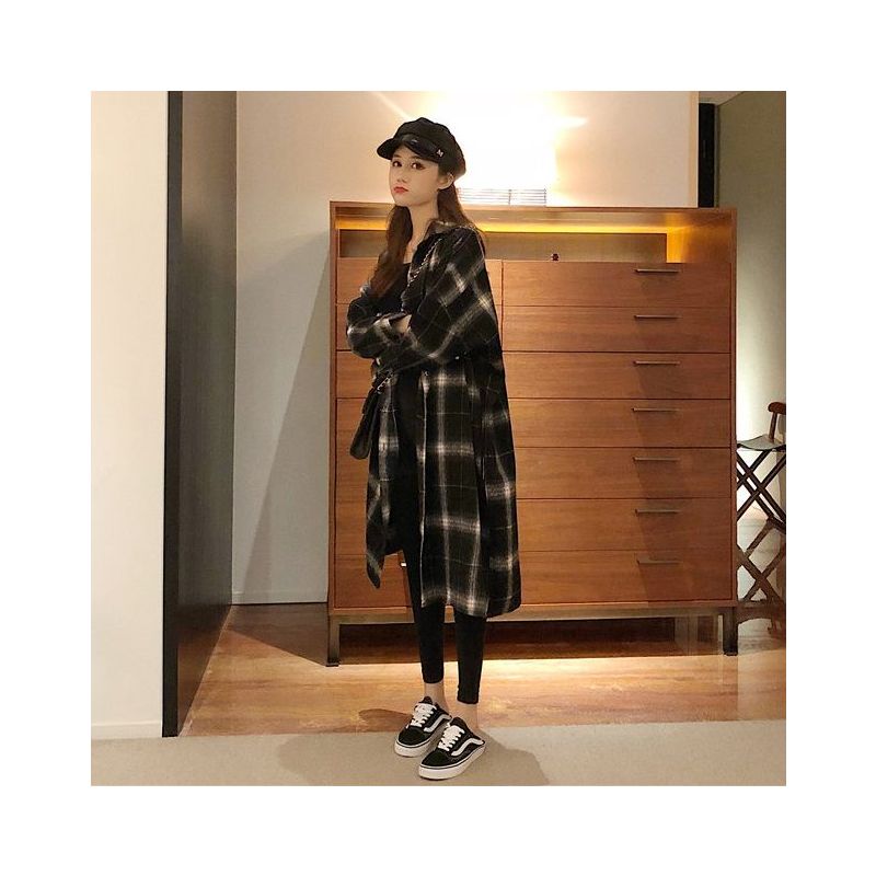 格子衬衫女2021秋冬休闲宽松大码韩版中长款过膝加绒保暖上衣外套