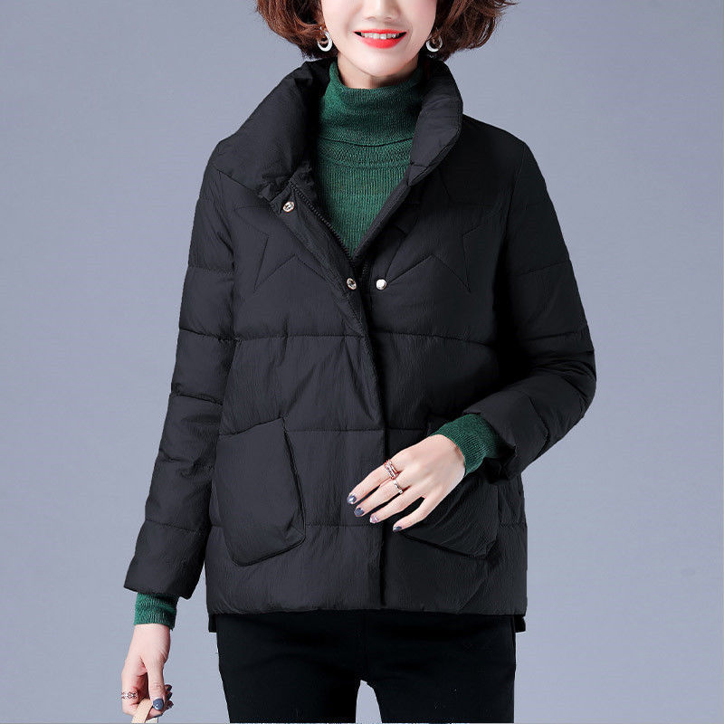 棉服女2021新款短款中老年妈妈装女士棉衣冬季外套大码洋气小棉袄 黑色 M 建议100斤以下