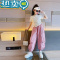 绿彩虹光女童短袖套装2023夏款网红儿童短款上衣两件套夏装女大童炸街潮服