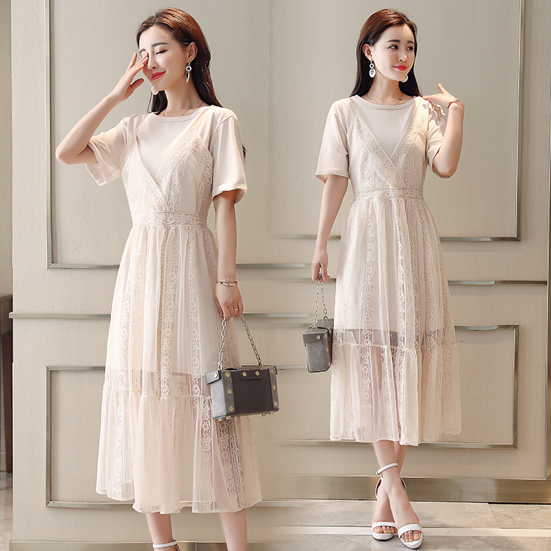 小清新两件套连衣裙女女士新品韩版中长款宽松纯色t恤蕾丝带裙
