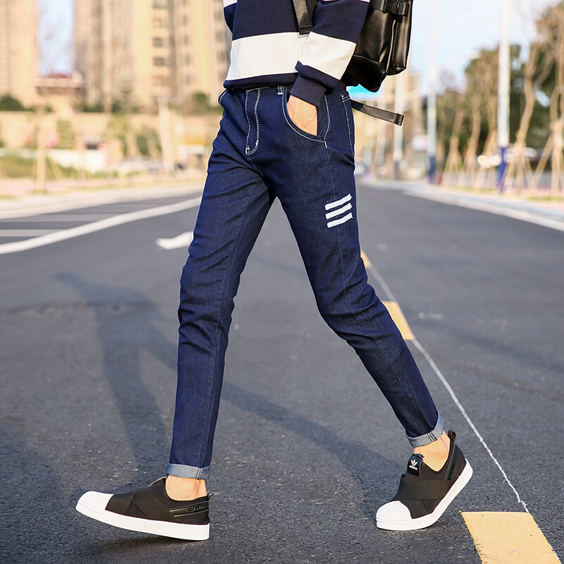 春季新款青少年牛仔裤男小脚修身初中学生弹性男裤韩版长裤子