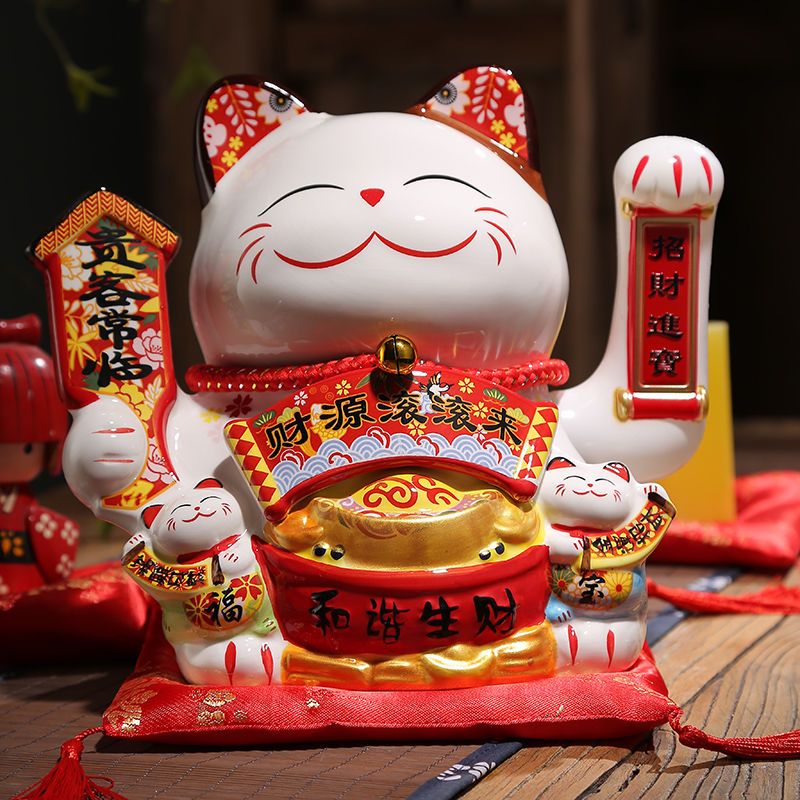 24厘米高和谐生财-122 猫摆件电动摇手家用店铺收银台开业礼品大小号白色陶瓷财猫