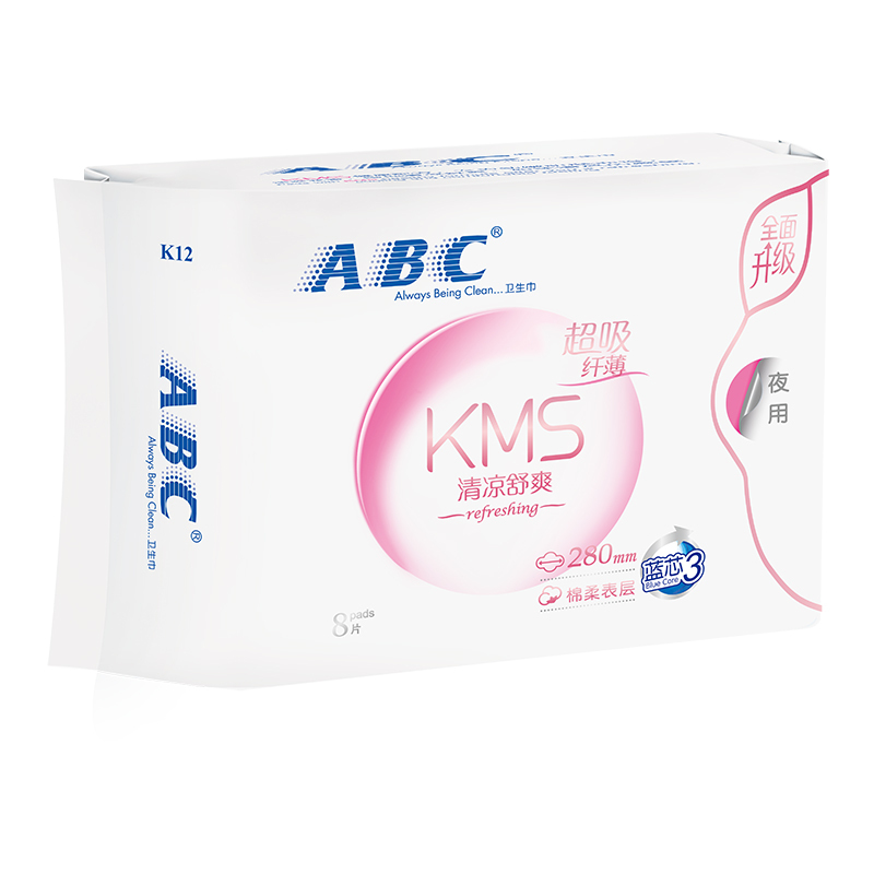 ABC 卫生巾夜用 纤薄棉柔表层 棉条280mm*8片(含KMS健康配方)姨妈巾高清大图