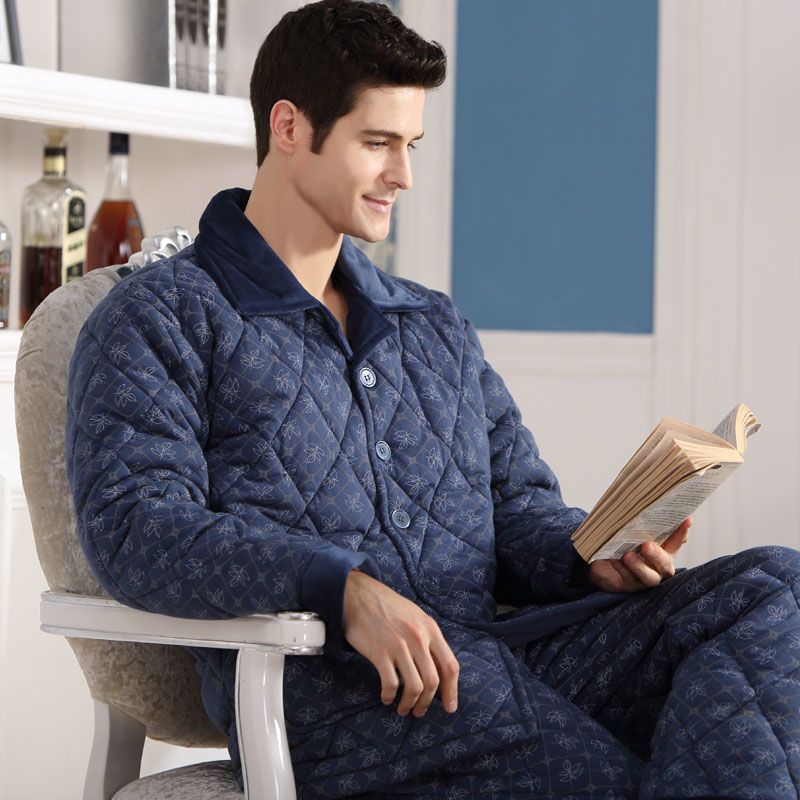 睡衣男冬季加厚里外棉夹棉加肥加大码家居服套装