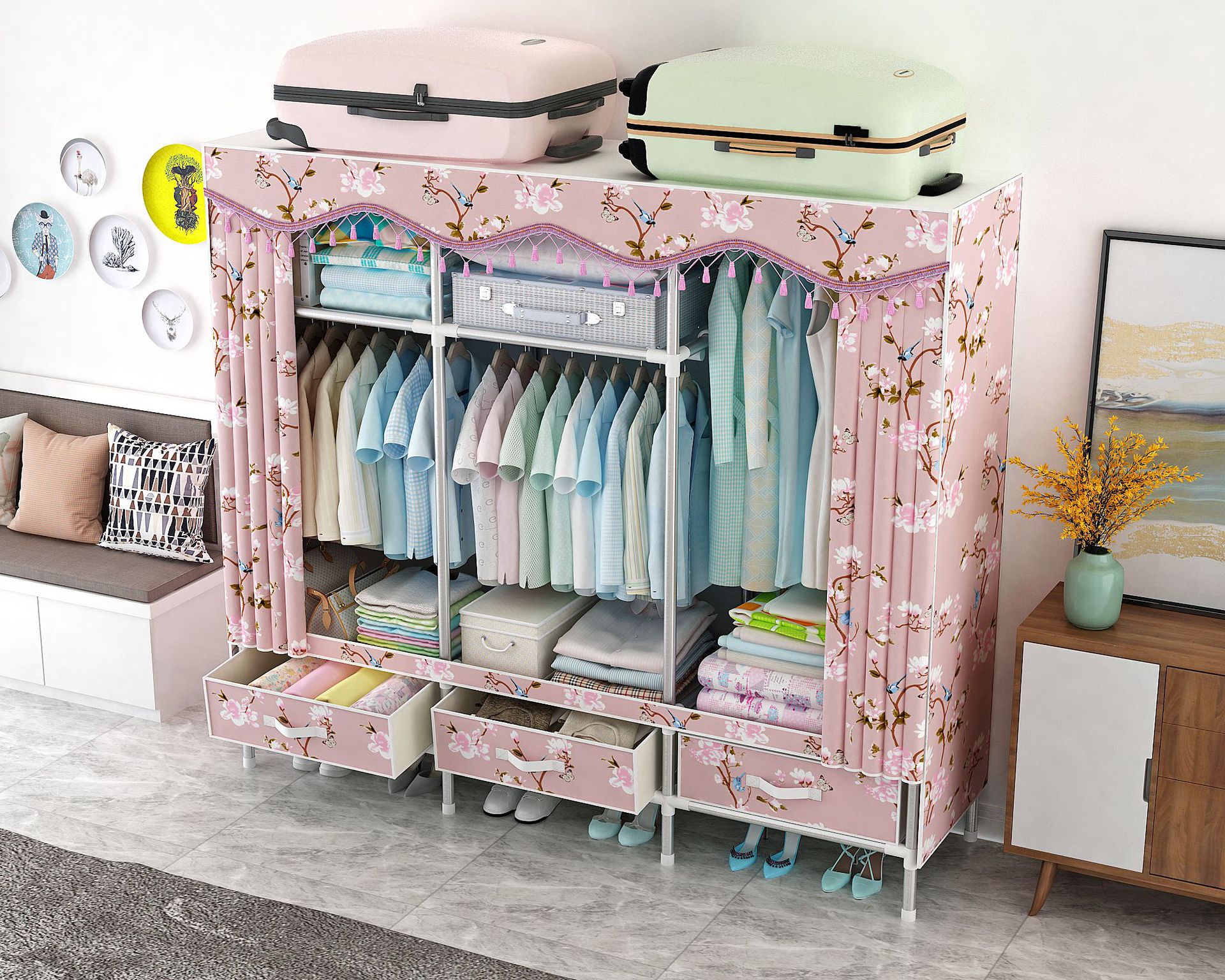 简易衣柜带抽屉布衣柜钢架加粗加固简约现代经济型组装链接衣橱收纳