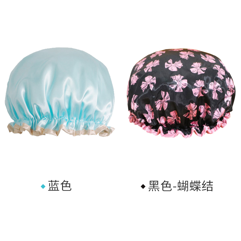 网红沐浴帽女防水长发洗澡双层加厚儿童成人款家用厨房防油防烟潮 三维工匠 [2个装]蓝色+黑蝴蝶结高清大图