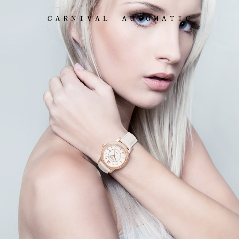 正品嘉年华Carnival瑞士品牌手表新款防水带日历全自动机械表 女士女表镶钻时尚气质简约腕表8062L高清大图