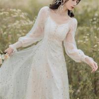 法式气质连衣裙女2021春秋小礼服亮片网纱长裙子仙女超仙森系 优雅杏 S