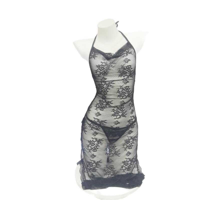 长夜漫漫情趣内衣性感蕾丝透视挂脖吊带荡领睡裙调情免脱qqny2145 蓝色 均码(80-130斤)