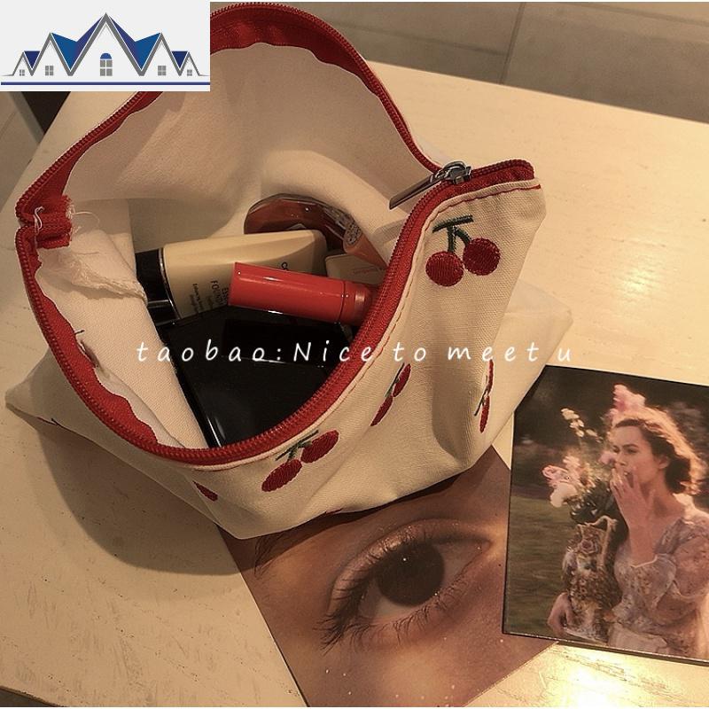 ins可爱复古少女心小樱桃刺绣拼色帆布化妆收纳包杂物包手拿包 三维工匠高清大图