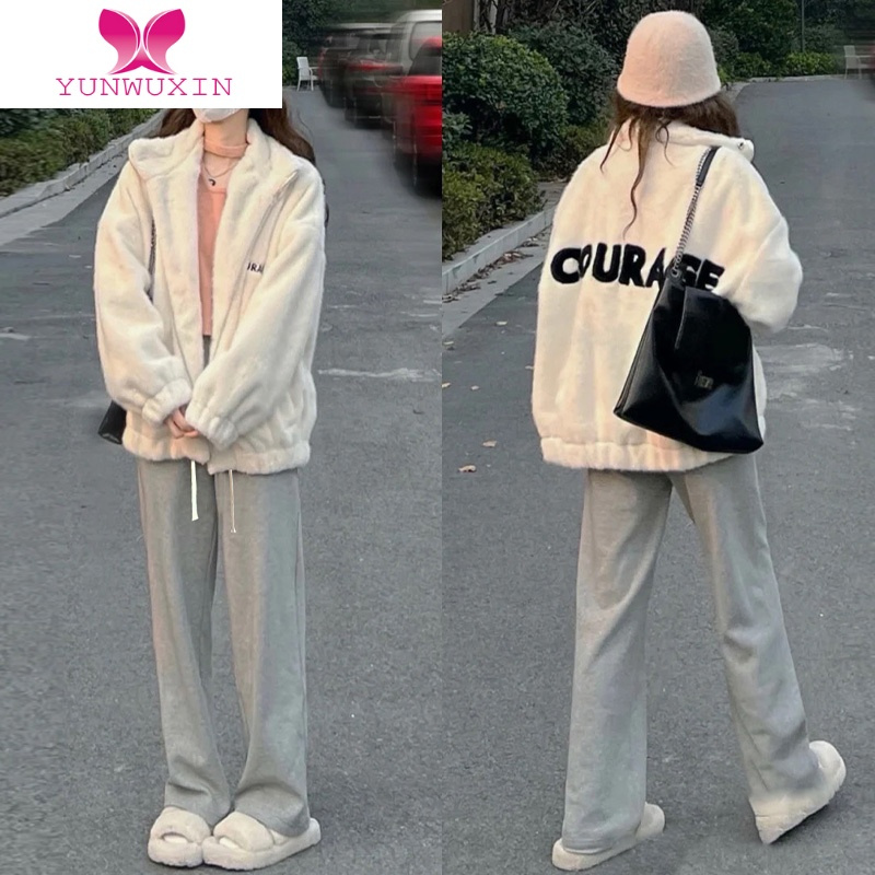 YUNWUXIN灰色阔腿裤女冬2022新款高腰垂感宽松直筒卫裤显瘦休闲运动裤