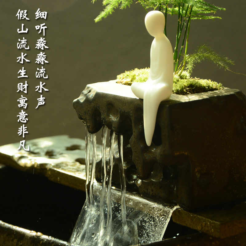 喷雾流水加湿禅意摆件桌面水循环盆景陶瓷假山造景微景观茶室装饰 三维工匠 朴道空间高清大图