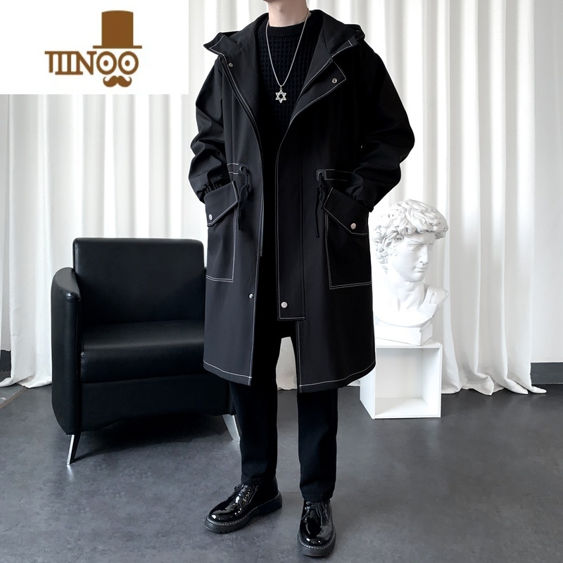 YANXU中长款过膝风衣男士小众设计高街连帽外套潮牌宽松休闲大衣高清大图