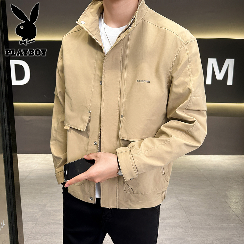 花花公子新款高品质简约字母压印立领夹克外套高清大图