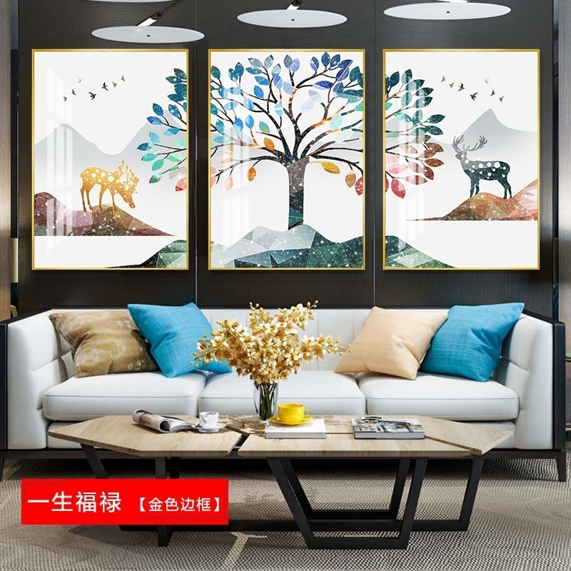 客厅装饰画沙发背景墙挂画北欧壁画三联组合轻奢麋鹿晶瓷餐厅墙画 一生福禄（金色边框） 60*80cm三联套装（建议_417