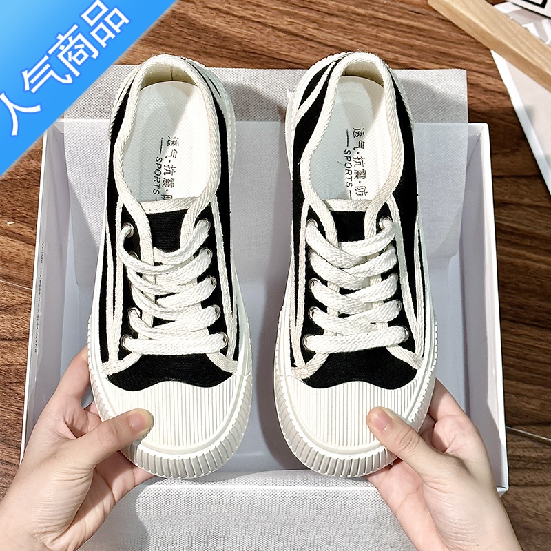 SUNTEK厚底小白帆布板鞋女春秋ins潮2023年新款小众百搭休闲运动0高清大图