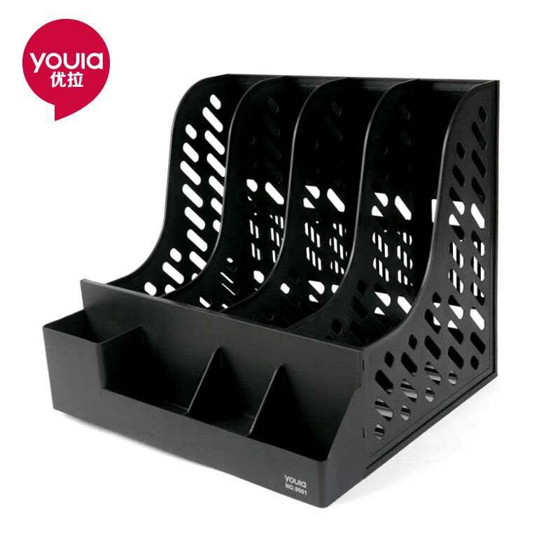 优拉四联多功能文件框9501DS 办公资料架档案文件盘收纳框简易桌面带笔筒文件筐置物架 混色图片