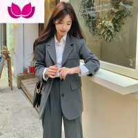 七斓2023新款韩版女西装套装气质炸街高级感职业小西服正装套 M115斤以内 灰色外套+裤子
