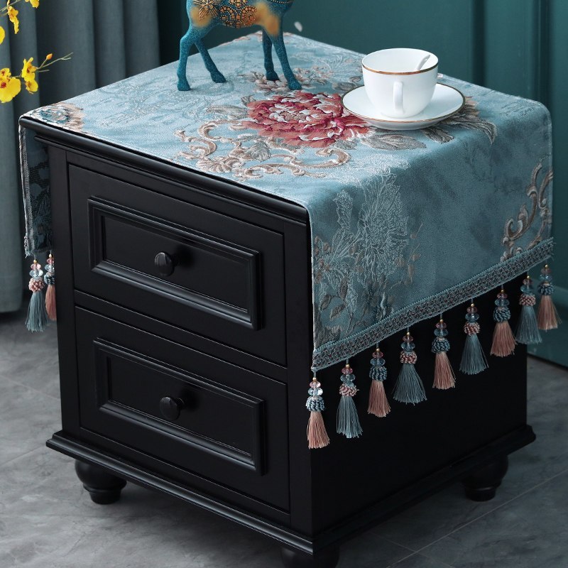 欧式床头柜盖布布艺套罩长方形雪尼尔酒柜鞋柜绣花小桌布家用 雪莉尔米色(吊穗款)床头柜盖布 40*90(含吊穗尺寸在内)高清大图