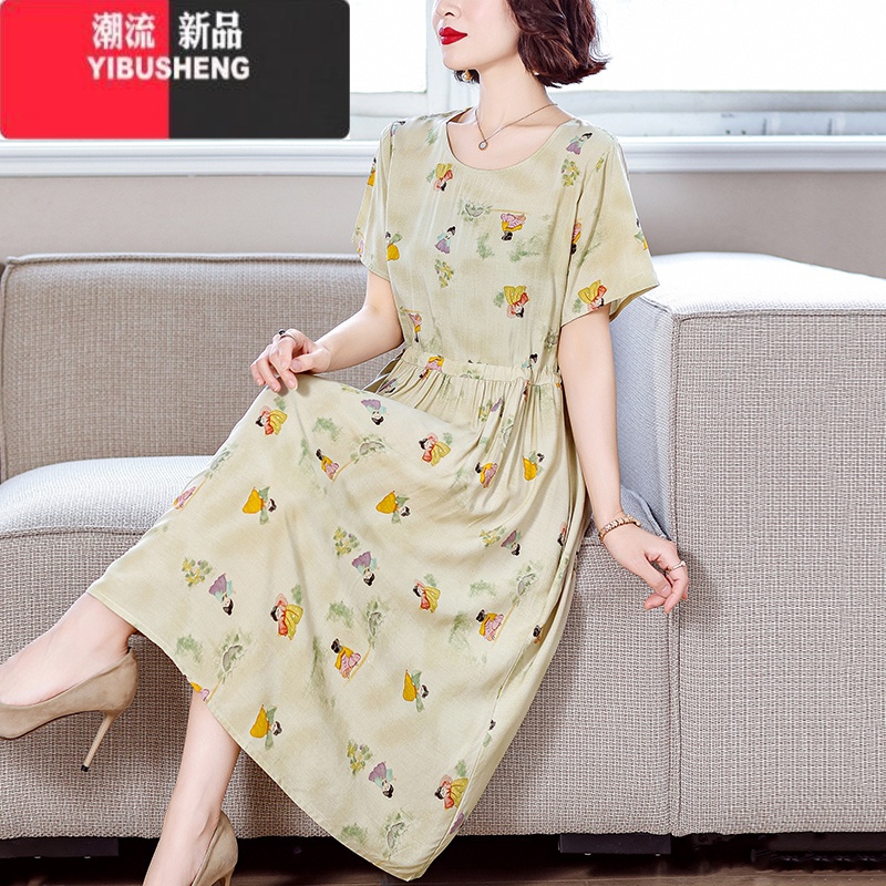 YIBUSHENG捡漏棉绸连衣裙女季外穿减龄宽松收腰遮肉妈妈气质碎花裙子高清大图