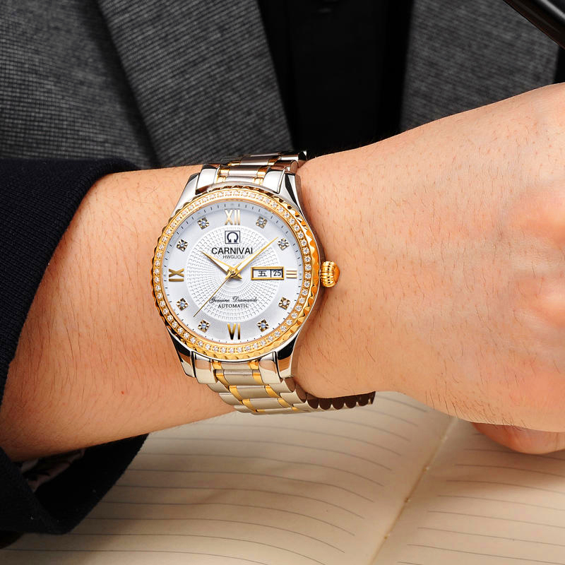 嘉年华CARNIVAL手表新款男士全自动机械表 男表时尚满天星镶水钻防水夜光精钢带腕表双日历星期显示休闲商务复古8629高清大图