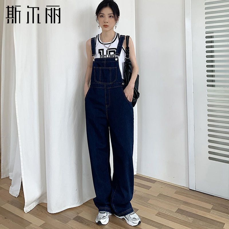 斯尔丽深蓝牛仔阔腿背带裤秋季韩版高腰宽松减龄拖地牛仔背带裤女视频