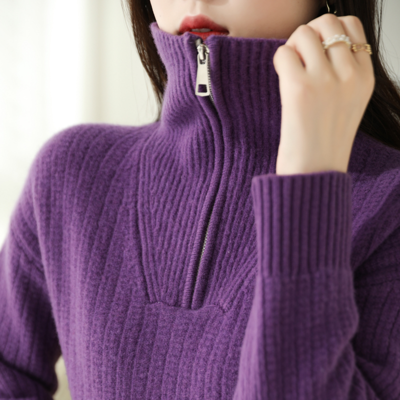 秋冬新款100纯羊毛衫女半高开拉链领毛衣套头宽松新款可翻领春秋宽松加厚外穿羊毛衫内搭翻领针织打底衫半拉链毛衣女上衣高清大图