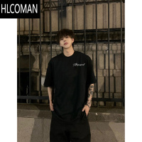 HLCOMAN美式花灰色短袖T恤男高街痞帅潮牌小领口设计感落肩半袖