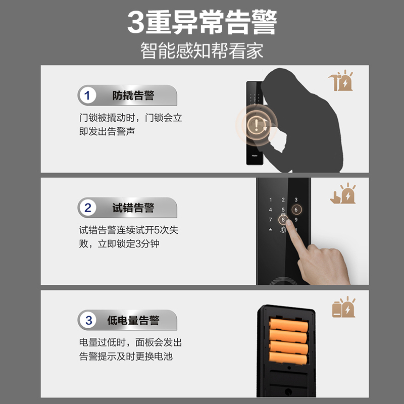 海尔智能门锁E19proV1指纹秒开锁铃一体 远程解锁智能告警 APP智控7大开锁方式执手锁高清大图