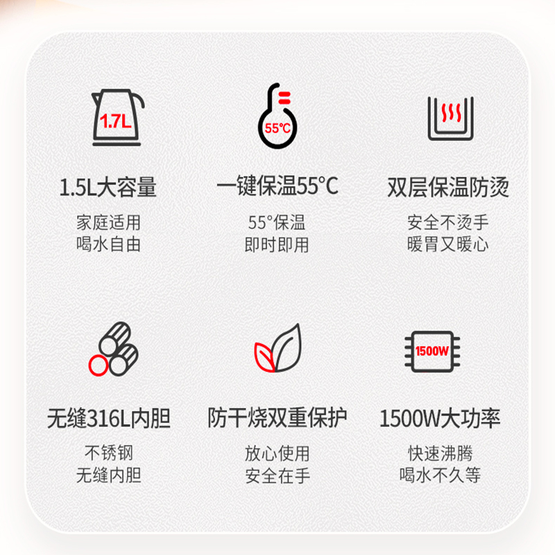 爱仕达(ASD)电热水壶家用316L不锈钢烧水壶大容量食品级防触电防干烧开水热水壶大功率速沸速腾 AW-S15G367