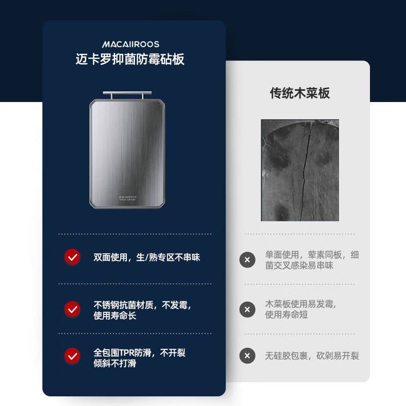 迈卡罗(MACAIIROOS)MC-CB4531双面抗菌菜板不锈钢切菜板加厚水果案板厨房家用擀面板揉面板图片