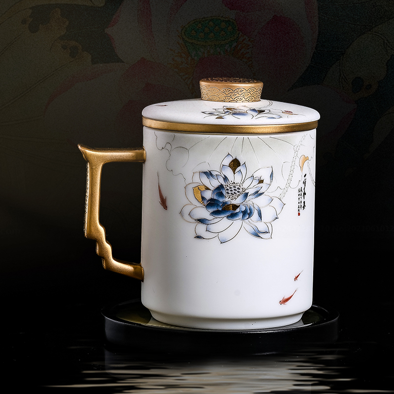 領藝 优选渡景山房羊脂玉描金茶杯德化白瓷素烧白玉瓷马克杯大容量陶瓷办公杯礼品套装 文轩杯(妙色清欢)黄金款礼盒装