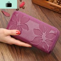 真皮钱包女2020新款时尚手拿包长款零钱包大容量手包女钱夹手机包NEWLAKE 紫色木棉花