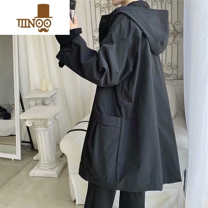 YANXU男士连帽风衣2023春季新款韩版修身薄款披风百搭休闲中长款外套男高清大图