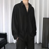 高档冰丝衬衫男潮流帅气长袖夏季薄款短袖衬衣痞帅潮男套装防晒衣 冰丝长袖黑色 S [80-100斤]