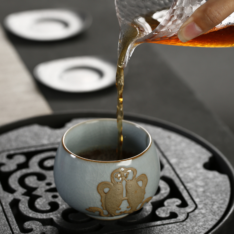 戴云品格 汝窑品茗杯茶碗手工茶杯主人杯 汝瓷单杯开片茶盏陶瓷茶具茶礼品 双鱼杯礼盒