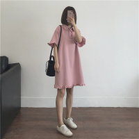 2018夏季裙子可爱俏皮木耳小花边长tpolo领短袖连衣裙白/粉/红/黑lm粉色均码