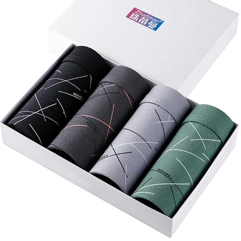 盒装4条纯棉男士内裤 男士纯棉U凸平角裤 中腰立体印花男士内裤