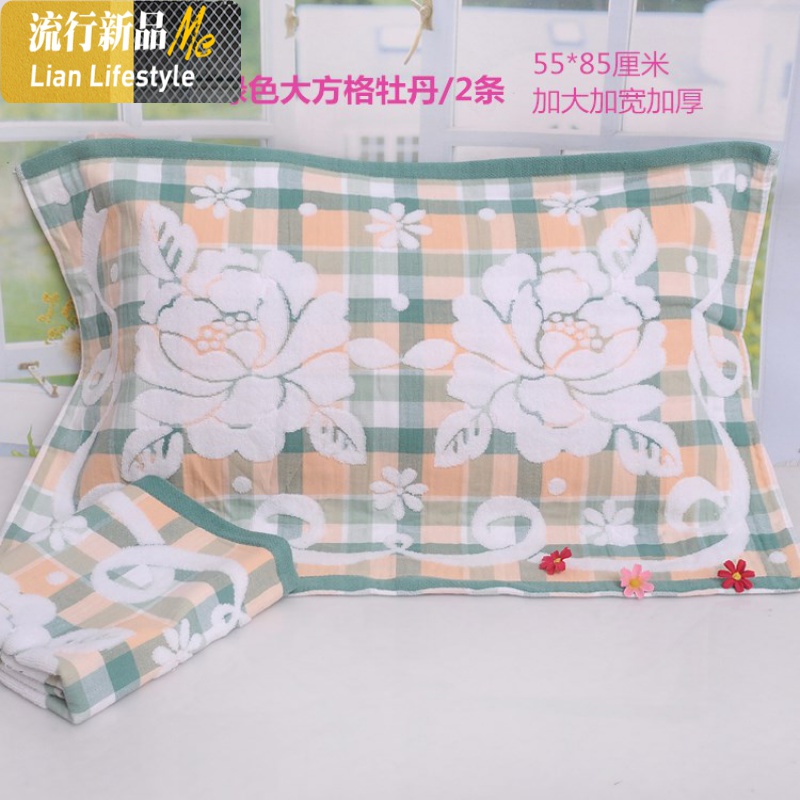 棉加厚加大枕巾欧式提花枕头巾忱头毛巾1对55*83cm柔软吸水 三维工匠 牡丹绿色(一对装) 默认尺寸