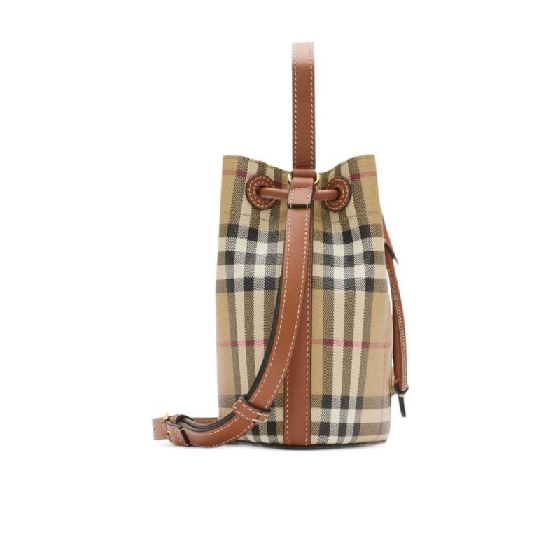 博柏利(BURBERRY)女士格纹抽绳水桶包聚氨酯涤纶棉拼接潮酷百搭配